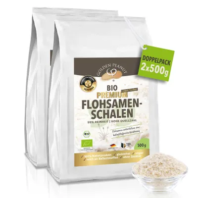 Produktbild von GOLDEN PEANUT BIO Flohsamenschalen Pulver 99% 2 x 500g Beutel, extra weiß, keimreduziert, aus frischer Ernte und ausgewählten Anbaugebieten in Indien
