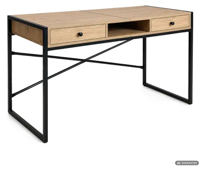 Zdjęcie produktu dla Biurko industrialne komputerowe Dąb Artisan ELONIS 123 cm 2 szuflady 1 półka Czarne nogi
