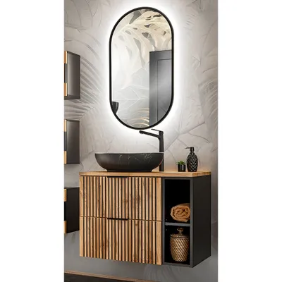 Produktbild von Waschplatz Set mit Aufsatzwaschbecken und LED Spiegel XANTEN-56 in anthrazit mit Eiche Nb. schwarz gerillt, B/H/T: ca. 80,6/200/46,5 cm