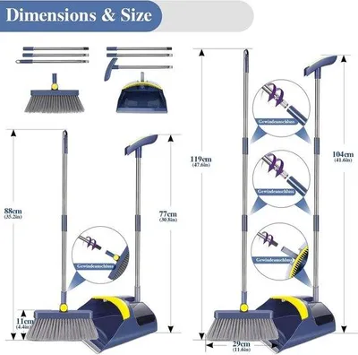 Immagine prodotto di Set Unyqoos® per spazzare e raccogliere, con testina rotante a 180°, manico in acciaio inossidabile regolabile (spazzone 121 cm, paletta 105 cm), setole integrate e corpo in ABS resistente
