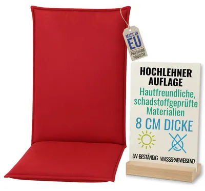 Produktbild von Pillows24 - Hochlehner Auflagen 120x50x8 cm | Bequeme & Wetterfeste Gartenstuhlauflagen | Polster Sitzkissen für  Gartenmöbel |   EU | Rot