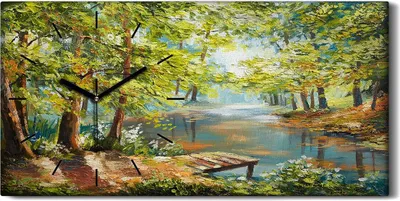 Produktbild von Leinwand Wanduhr Wandkunst Uhr Quarz 60x30 Ölgemälde Wald Bäume Fluss Natur - schwarze Hände