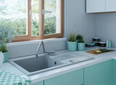Produktbild von BADLAND Spülbecken Granitspüle Einzelbecken Celia 44x76 Grau mit langer Ablaufplatte | Siphon im SET!