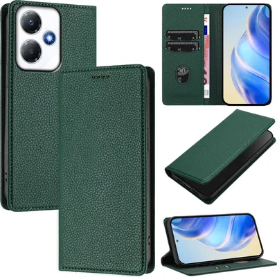 Produktbild von Litchi Leder Handyhülle für Infinix Hot 30 Play/Hot 30 Play NFC Wallet Kartenfächer Standfunktion Hülle Grün