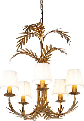 Produktbild von QAZQA - Klassisch I Antik Kronleuchter I Chandelier Gold I Messing mit plissierter Clamp Cap Creme 5-flammig-Licht - Botanica I Wohnzimmer I Schlafzimmer - Stahl Organisch - LED geeignet E14