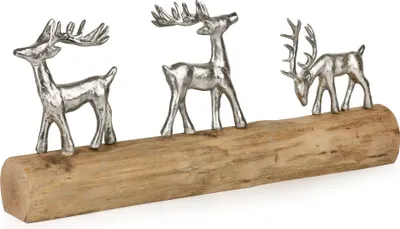 Produktbild von Weihnachtsdeko Rentiere auf Holzstamm 57 cm handgefertigte Figur aus Aluminium und Mangoholz – edle Deko für Fensterbank, Kamin oder Tisch