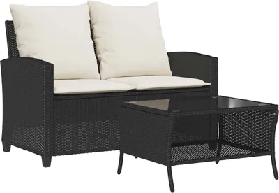 Produktbild von vidaXL Gartensofa 2-Sitzer mit Kissen & Tisch Schwarz Poly Rattan