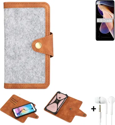 Produktbild von K-S-Trade Handyhülle + Kopfhörer kompatibel mit Xiaomi Redmi Note 11 Pro Schutzhülle Filz Hülle Kunstleder hellgrau braun (1x)