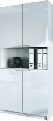 A white office cabinet with multiple shelves and doors.