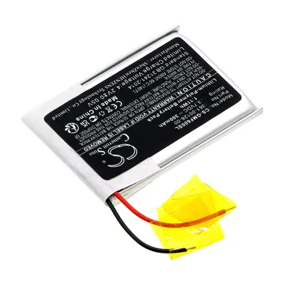 A close-up of a lithium-polymer battery pack with wires and yellow tape.