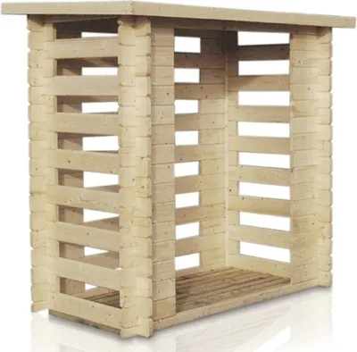 A wooden log store with an open front and a slatted floor.