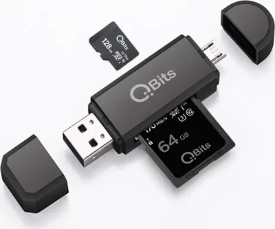 Produktbild von Qbits SD/Micro SD Kartenleser Micro USB OTG Adapter und USB 2.0 Kartenlesegerät für SDXC, SDHC, SD, MMC, RS-MMC, Micro SDXC, Micro SD, Micro SDHC Karte und UHS-I Karten