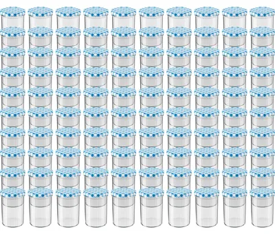Produktbild von WELLGRO Einmachgläser mit Schraubdeckel - 435 ml, 8,5 x 12 cm (ØxH), Glas / Metall, blau karierte Deckel To 82, Gläser Germany, verschiedene Mengen wählbar