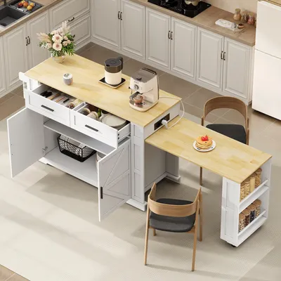 Produktbild von MODFU Kücheninsel mit Ausziehplatte,Servierwagen mit Steckdosenleiste,mobiler Küchenwagen mit Schubladen, Schrank und Rollen,120×50×93cm,Eichenoptik,Weiß