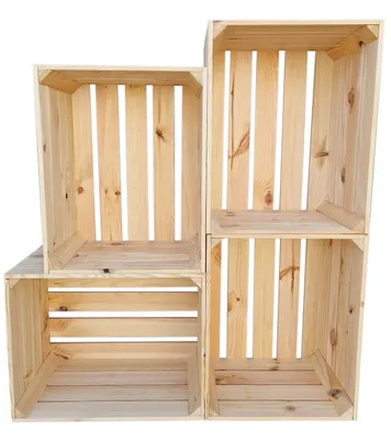 Four wooden crates are stacked in a two-by-two arrangement against a white background.