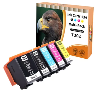 Image de Cartouches d'encre 202XL, compatibles avec les modèles Epson 202 XL, notamment : Expression Premium XP-6100, XP-6000, XP-6105, XP-6001, XP-6005 (1 noir, 1 noir photo, 1 cyan, 1 magenta, 1 jaune)