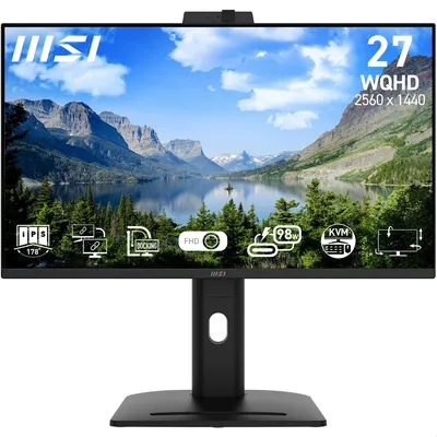 A computer monitor displaying a landscape image, with various feature icons along the bottom.
