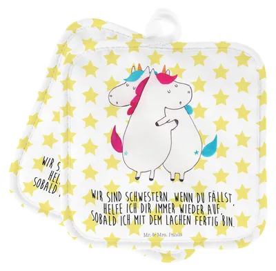 Produktbild von Mr. & Mrs. Panda Topflappen Einhörner Umarmen - Weiß - Geschenk, Einhorn, Set, topfhalter, Unicorn, Topfuntersetzer, Freundinnen, Liebe, Geschwister, Topflappenset