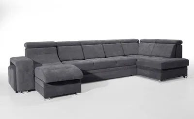A dark gray sectional sofa with multiple headrests and ottomans, shown against a white background.