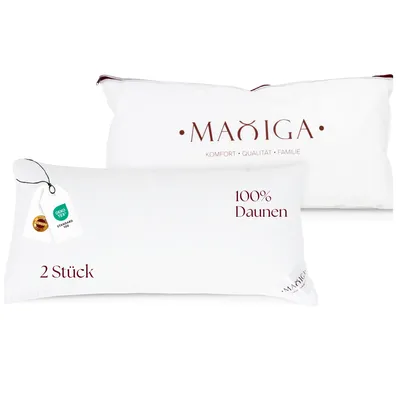 Produktbild von Maxiga Daunenkissen 40x80 cm (2 Stück) | 100 % DAUNE | Füllgewicht 750g | Für Allergiker geeignet | -Zertifikat Klasse 1 | Atmungsaktiver, Bau
