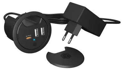 Produktbild von ICY BOX IB-HUB1407 In-Desk 3-Port Charger, 2x USB-A, 1x USB-C, für 60 mm Bohrungen, schwarz, Drinnen, AC, 12 V, 1,4 m, Schwarz