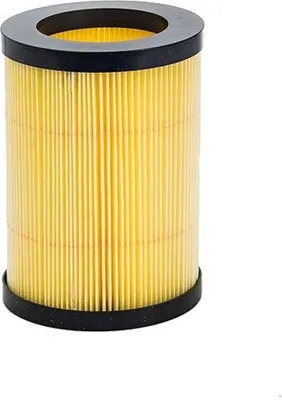 A cylindrical air filter with yellow pleated material and black top and bottom rings, isolated on a white background.