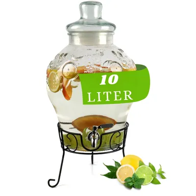 Produktbild von Monster24 10 Liter Getränkespender mit tropfsicherem Zapfhahn aus Edelstahl – Wasserspender, Bowle-Gefäß aus Glas mit stabilem Metallständer.