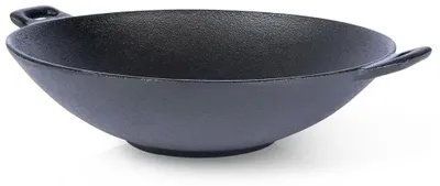 Zdjęcie produktu dla Patelnia typu wok z żeliwa – średnica 30 cm – bez powłoki – do użytku na kuchenkach gazowych i indukcyjnych – bez pokrywki – kolor czarny