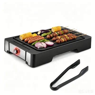 Produktbild von KOMFOTTEU Tischgrill, 2300W Elektrogrill mit Auffangschale & kompakter Grillfläche, Indoorgrill mit Antihaft-Grillplatte & Grillzange, BBQ Grill mit Temperaturregelung, 53 x 31 x 8,5 cm, Schwarz
