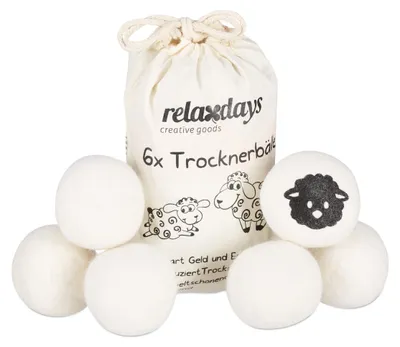 Immagine prodotto di Relaxdays Palline per asciugatrice XXL, 6 palline, palline in feltro per asciugatrice, in lana di pecora, ecologiche, Ø 7 cm, bianche