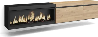 Produktbild von TV-Schrank, Lowboard, 237x35x45 cm, Für großformatiges TV, Elektrokamin XXL, Hängend, Eiche Schwarz