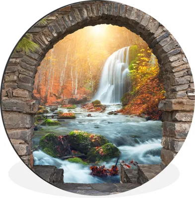 Produktbild von MuchoWow® Aluminium Wandkreis Aussicht - Wasserfall - Herbst - Landschaft Ø 90 cm Wanddeko Modern Wohnzimmer - Mauerkreis - Wandbilder - Runde Bild - Bild aus Aluminium - Schlafzimmer - Wohnzimmerdekoration - Wand Dekoration