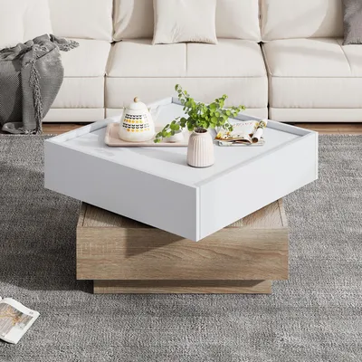 Productafbeelding van Salontafel, 60x60x38 cm, 100% spaanplaat, wit en walnootkleurig, 360° draaibaar, met 2 lades en 2 plateaus