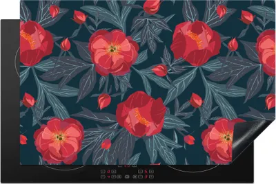 Produktbild von KitchenYeah© Herdabdeckplatte Blumen - Rot - Blätter - Muster , 80x52cm, Küche Deko, Glaskeramikkochfeld Herdabdeckung, Abdeckplatte fùr Kochfeld