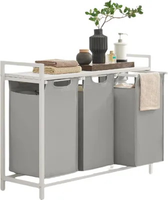 Produktbild von Wäschekorb mit 3 Fächern und Ablage – Wäschesammler – 92,5 x 33 x 72 cm