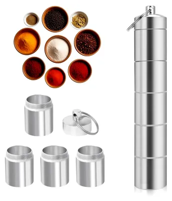 Produktbild von 5-in-1 Gewürzstreuer, tragbarer Mini Salzstreuer für unterwegs, kompakte Gewürzdosen mit Deckel, wasserdichter Aluminium Salzstreuer für Reisen und Küche