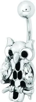 Produktbild von Karisma Bauchnabel Piercing Eule 316L Edelstahl - Zirkonia Weisser Stein mit Enemal in Schwarz und Weiss Schwarze Augen