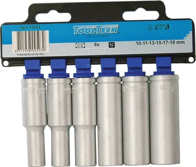 Produktbild von Tooltech 10503 Tiefbett-Stecknuss hex 1/2" CV - 6-teilig 10-11-13-15-17-19 mm in Halter