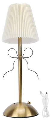 Zdjęcie produktu dla Lampa stołowa "Bow" – dekoracyjna lampka biurkowa LED z abażurem z tkaniny, ładowana akumulatorowo, idealna do domu i hotelu, kolor żółty