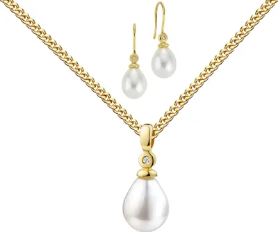Produktbild von Perlen Schmuckset Goldanhänger + Ohrhänger 333 Gold + Brillant. Mit Kette 55 cm