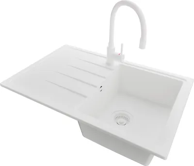 Produktbild von PRIMAGRAN Granitspüle Alles Weiß 78x50cm, Spülbecken 1 Becken + Küchenarmatur 38x14cm + Ablauf-Set, Küchenspüle ab 45er Unterschrank - Mailand