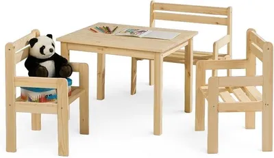 Produktbild von Kindersitzgruppe 4-teilig - mit Kindertisch, Sitzbank & 2 Stühlen - Braun - Kiefernholz Massiv - Sitzgruppe Kindertischgruppe Holzsitzgruppe