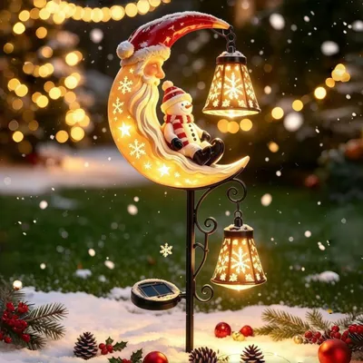 Produktbild von Weihnachts-Solar-Gartenstecker, LED-Solarlichter mit Schneemann, Weihnachtsmann & Mond-Design, Gartenleuchten für Garten, Terrasse, Rasen, 80cm