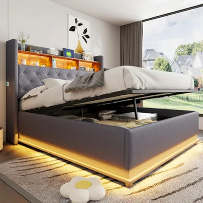 Produktbild von LED-Polsterbett, Gepolstertes Stauraumbett mit USB-Ladeanschluss und hydraulischem Stauraum,160 x 200 cm