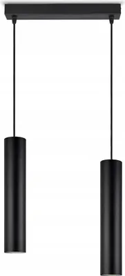 A black, two-light pendant lamp hanging from a black rectangular ceiling mount.