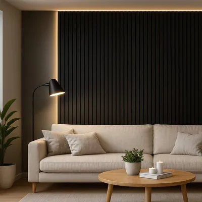 Produktbild von 6er-Set Akustik Wandpaneele Holz 240x60x2,2cm - Farbe Schwarz mit schwarzem Hintergrund