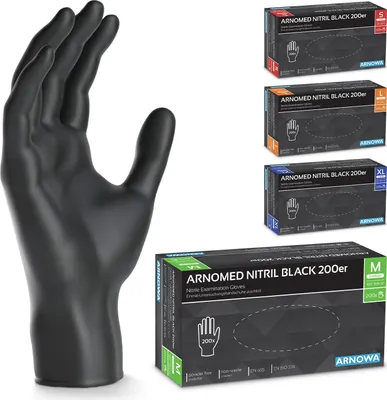 A black nitrile glove is shown next to several boxes of ARNOMED Nitril Black 200er gloves in different sizes.