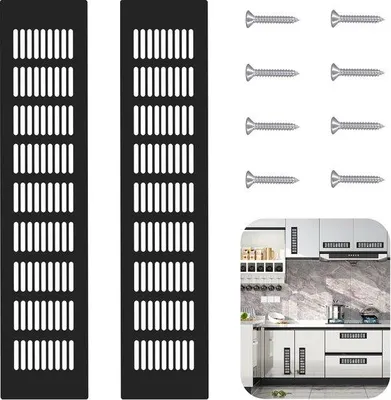 Productafbeelding van Ibenzoa® Rechthoekige aluminium ventilatieroosters, 80 x 400 mm, zwart – set van 2, inclusief schroeven, geschikt voor kasten, badkamers en woonkamers