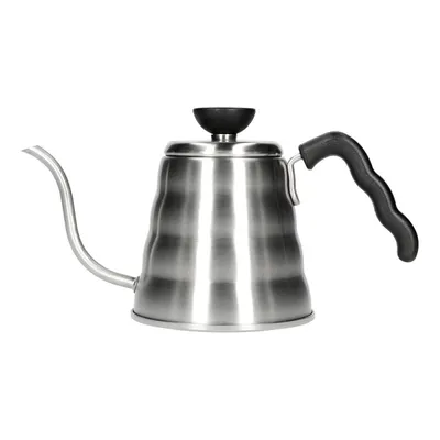 A stainless steel gooseneck kettle with a black lid and handle, photographed against a white background.