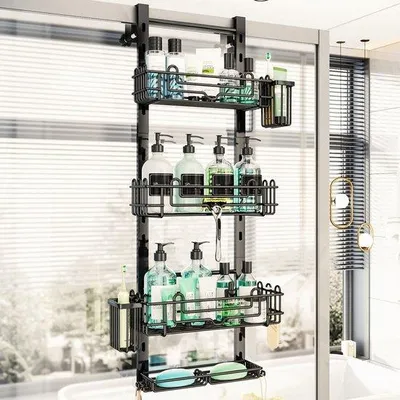 Immagine prodotto di Ibenzoa® Portaoggetti da bagno sospeso regolabile – 4 ripiani, 22 ganci, 84,5 cm, in acciaio inossidabile, senza foratura, con ventose e 2 portaspazzolini rimovibili